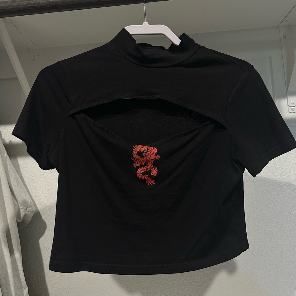 SHEIN Black Crop Top with Red Dragon Motif
